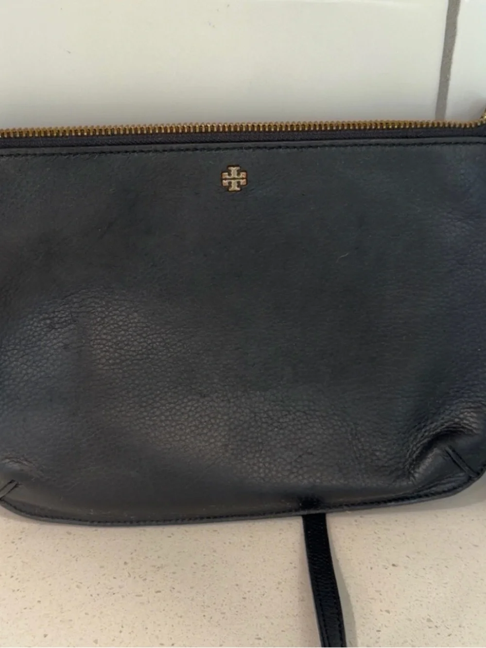 Tory Burch Black Pebbled Leather Toiletry Pouch with Gold Logo